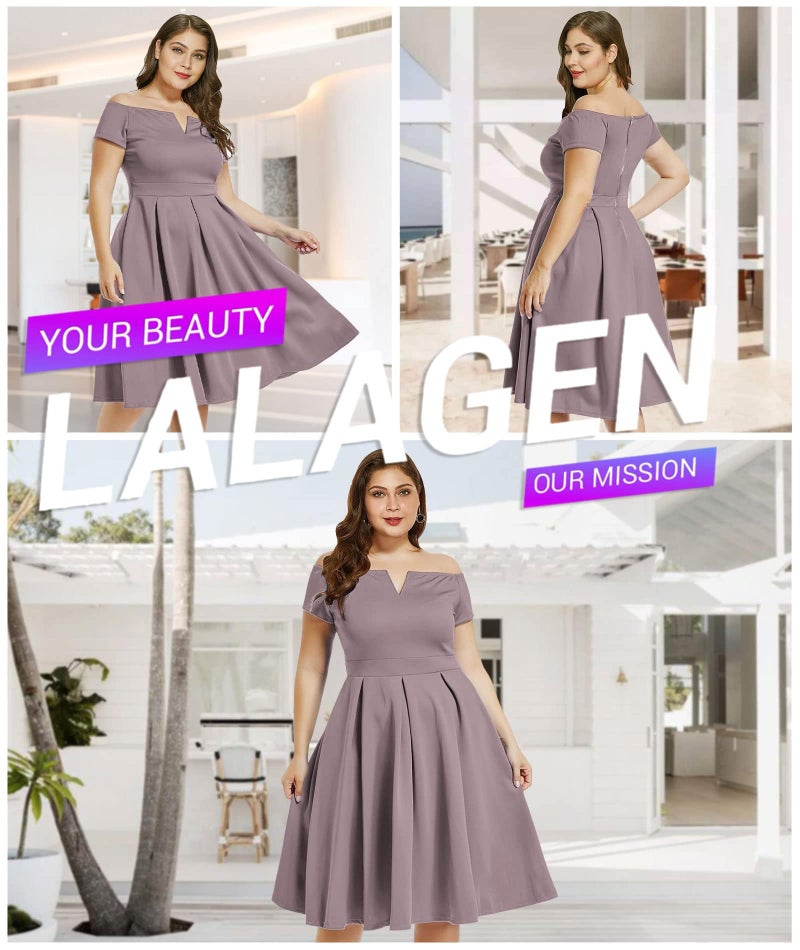 LALAGEN Women's Plus Size Vintage 1950s Party Cocktail Wedding Swing Midi Dress Gray Purple XXXL - Image 3